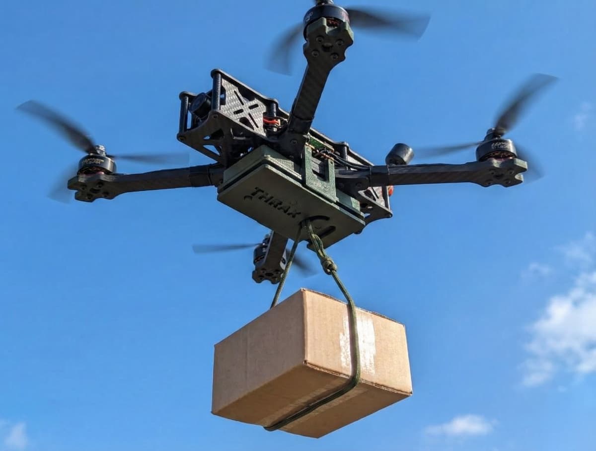 Thrax DropFlight payload delivery drone carrying package